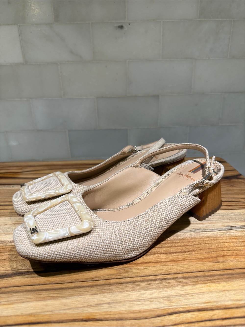 Sam Edelman Beige Textured Slingback Block Heel Mules with Decorative Buckle